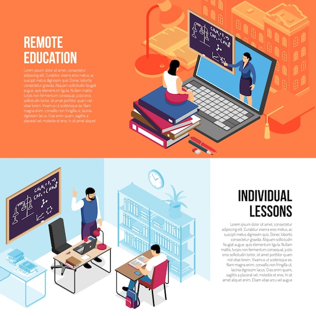 Vector gratuito banners isométricos horizontales de educación con lecciones privadas individuales y cursos universitarios en línea aislados ilustración vectorial