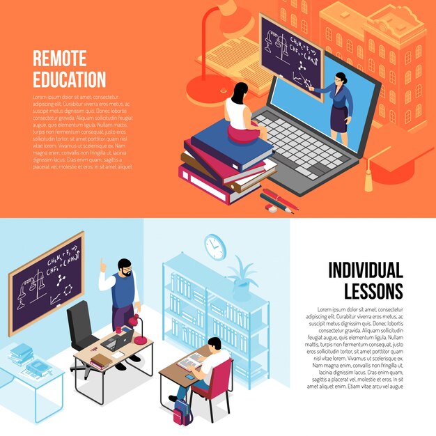 Banners isométricos horizontales de educación con lecciones privadas individuales y cursos universitarios en línea aislados ilustración vectorial