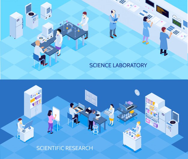 Banners isométricos horizontales de laboratorio de ciencias con personas que llevan investigaciones tecnológicas sobre fondo azul