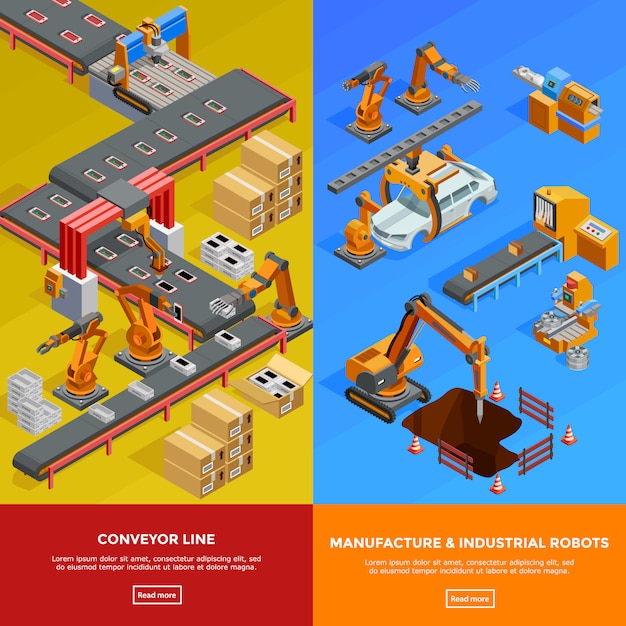 Banners isométricos de líneas transportadoras robóticas