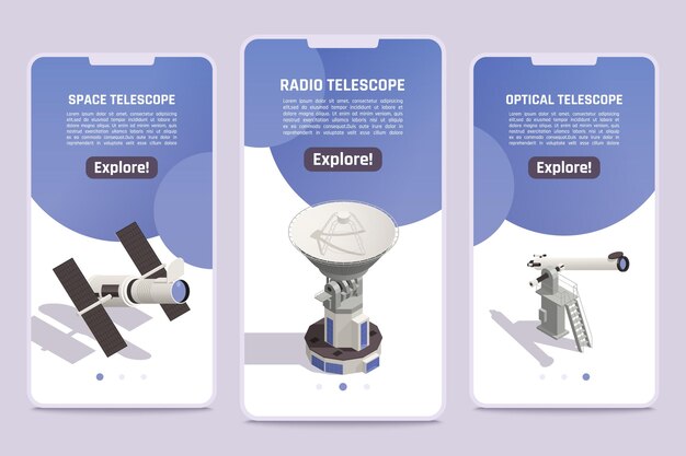 Banners isométricos con radio espacial profesional y telescopios ópticos para explorar objetos astronómicos en 3D
