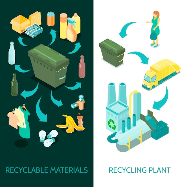 Vector gratuito banners isométricos de reciclaje de basura