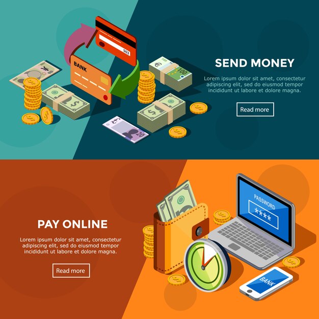 Banners isométricos de servicios bancarios