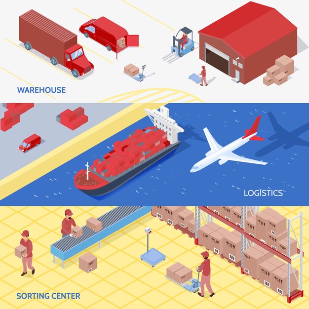 Banners isométricos de servicios de logística