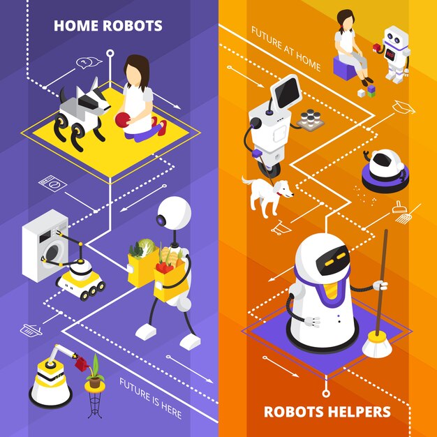 Banners isométricos verticales con ayudantes de robots.