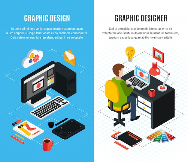 Banners isométricos verticales establecidos con herramientas para diseño gráfico y diseñador en el trabajo Ilustración de vector aislado 3d