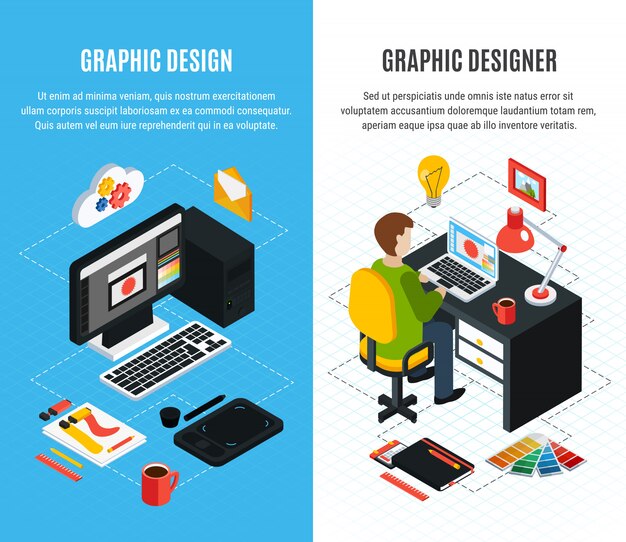 Banners isométricos verticales establecidos con herramientas para diseño gráfico y diseñador en el trabajo Ilustración de vector aislado 3d