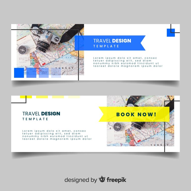 Vector gratuito banners itinerantes con mapa y cámara