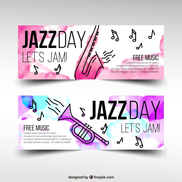 Banners de jazz de acuarela con instrumentos musicales