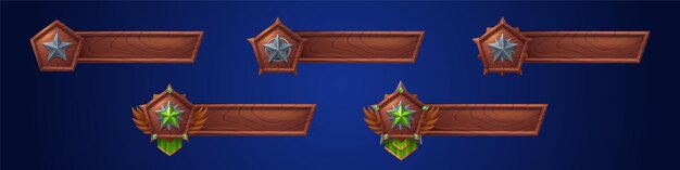 Banners de juegos con insignias de estrellas barra de título de madera