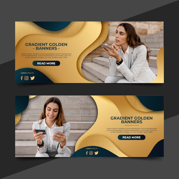 Vector gratuito banners de lujo dorado degradado con foto