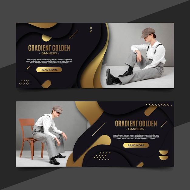 Vector gratuito banners de lujo dorado degradado con foto