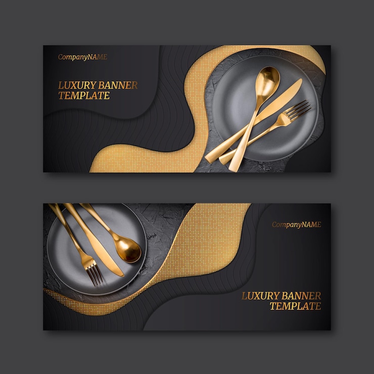 Vector gratuito banners de lujo dorados realistas con foto.