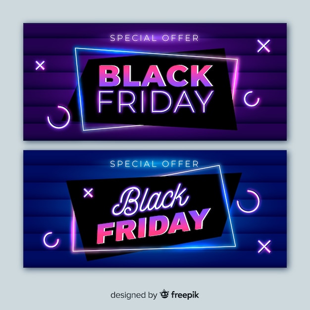 Banners de luz de neón de viernes negro con diseño minimalista