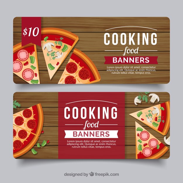 Banners de madera con deliciosa pizza