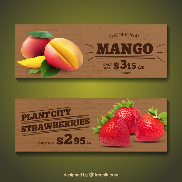 Vector gratuito banners de madera con frutas realistas