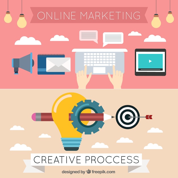 Banners de marketing y elementos de blog en diseño plano 