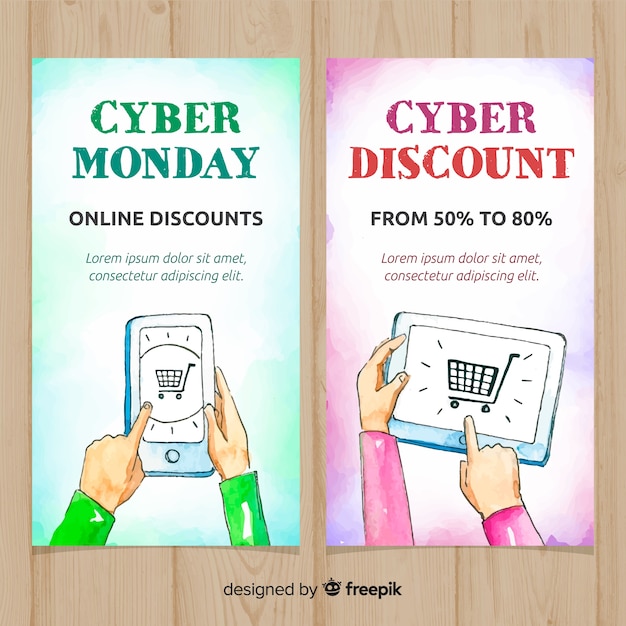 Vector gratuito banners modernos de cyber monday en acuarela