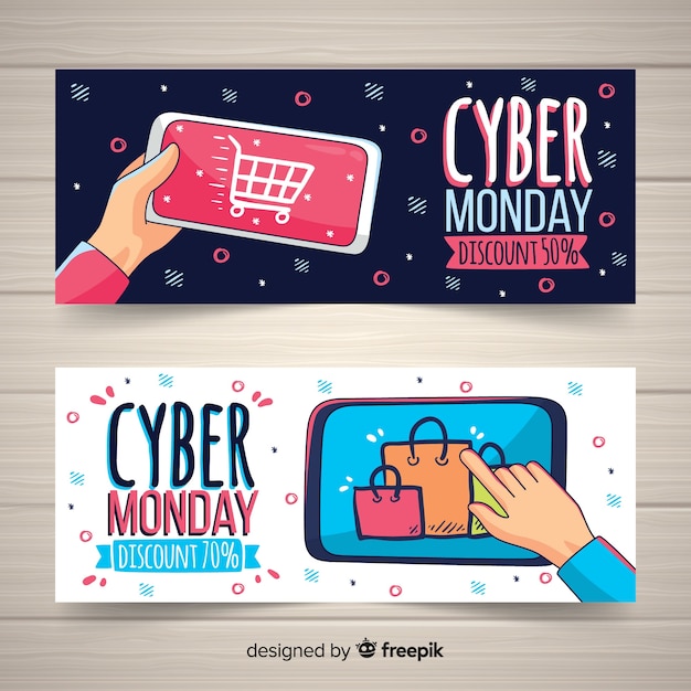 Banners modernos de cyber monday dibujados a mano