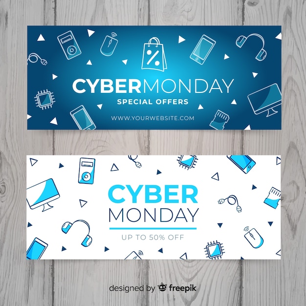 Vector gratuito banners modernos de cyber monday dibujados a mano