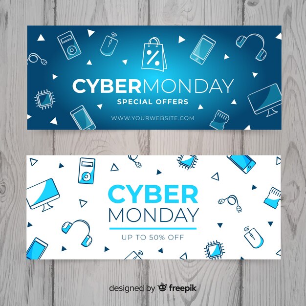 Banners modernos de cyber monday dibujados a mano