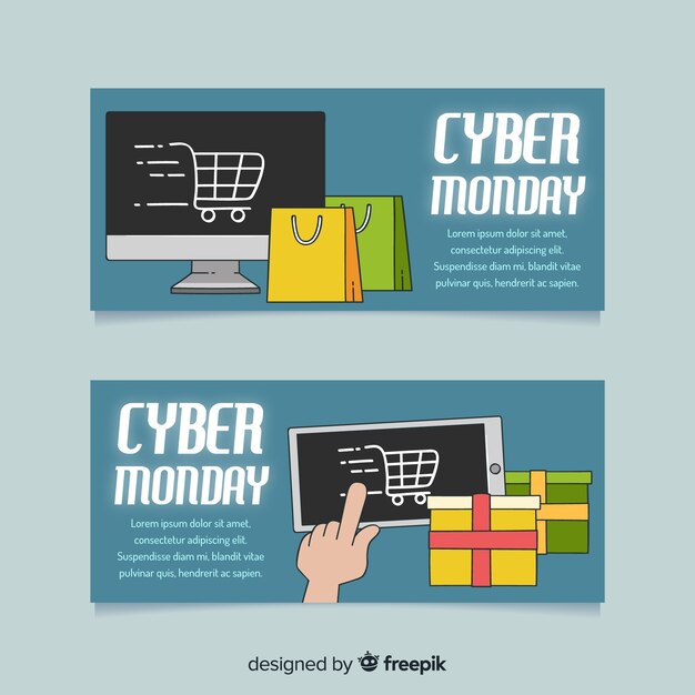 Banners modernos de cyber monday dibujados a mano