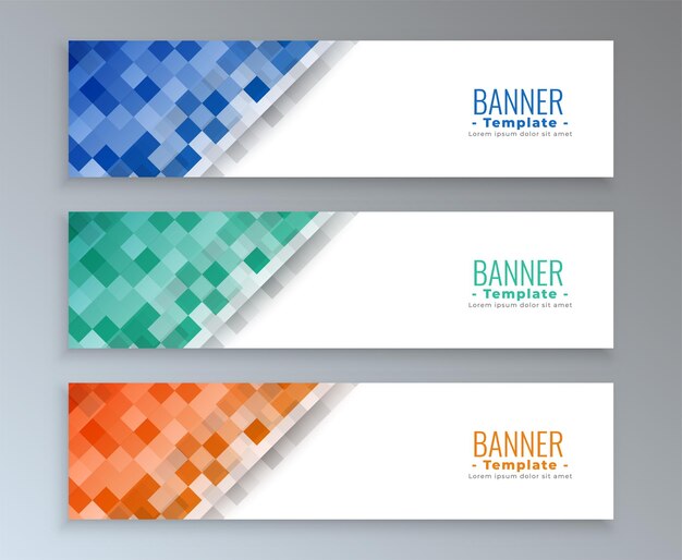 Banners modernos de estilo mosaico en tres colores.