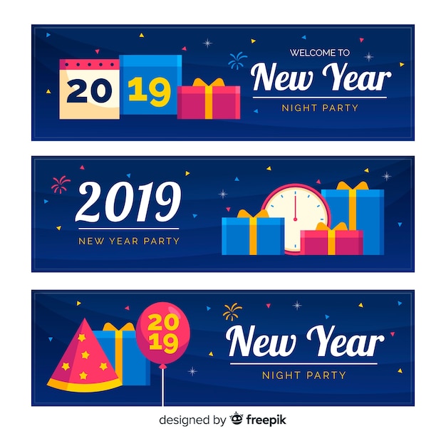 Banners modernos de fiesta de fin de año 2019 con diseño plano