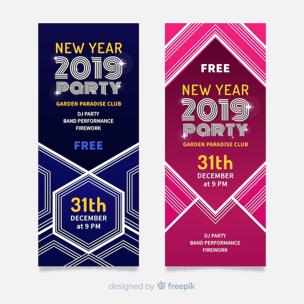 Banners modernos de fiesta de fin de año 2019 con diseño plano