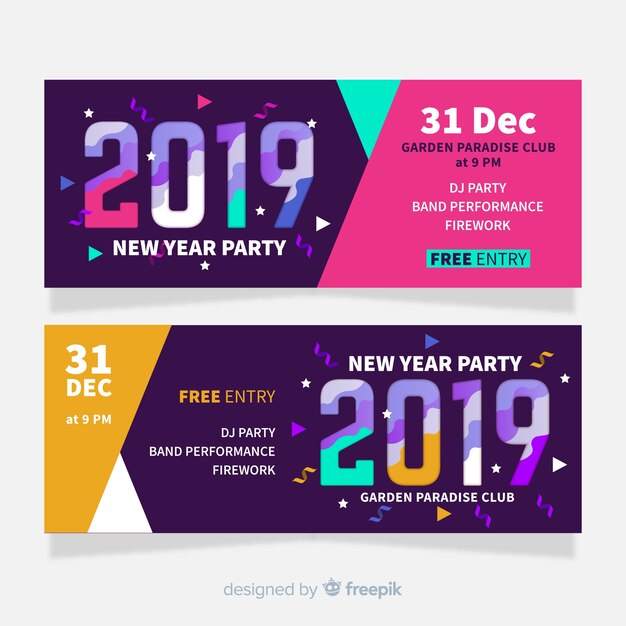 Banners modernos de fiesta de fin de año 2019 con diseño plano