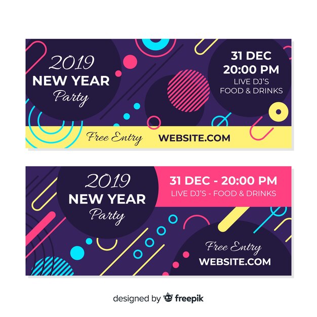 Banners modernos de fiesta de fin de año 2019 con diseño plano