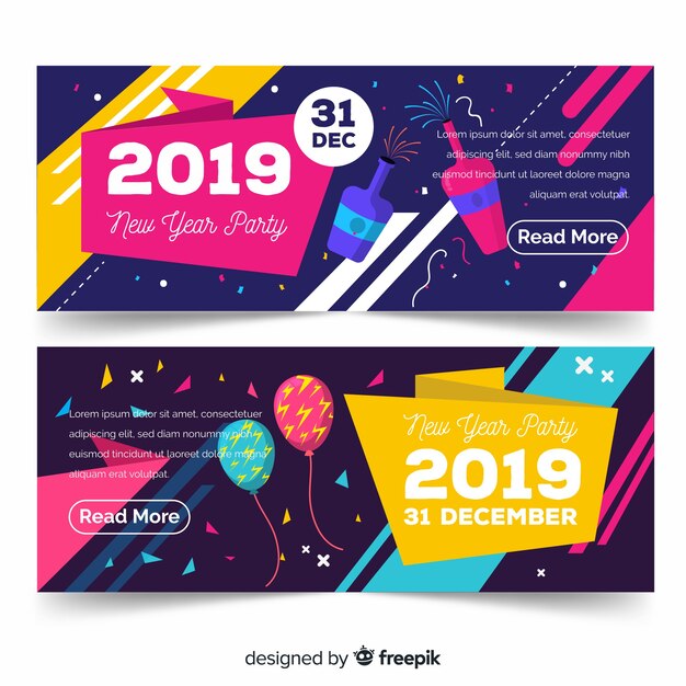 Banners modernos de fiesta de fin de año 2019 con diseño plano