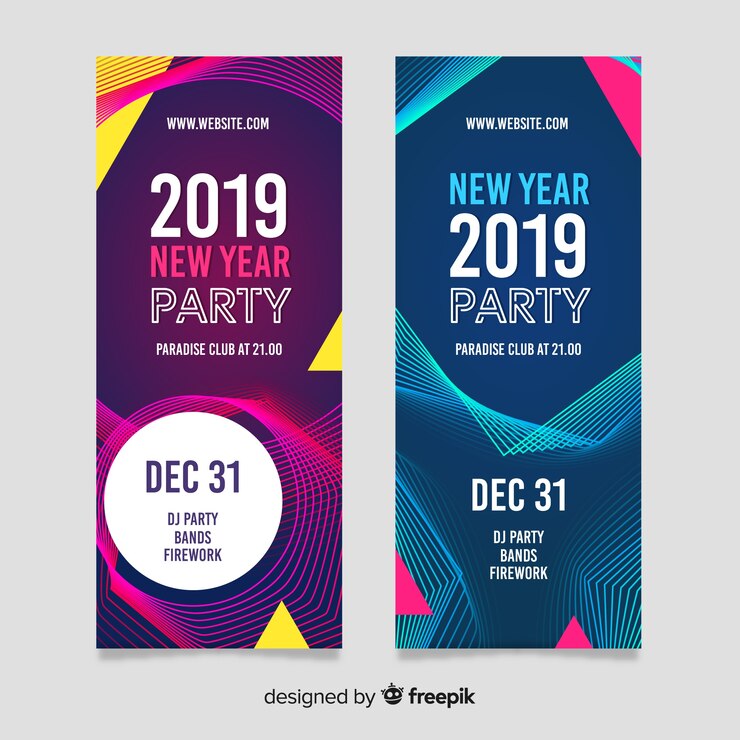 Vector gratuito banners modernos de fiesta de fin de año 2019 con diseño plano