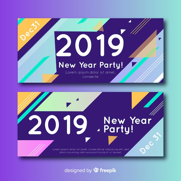 Banners modernos de fiesta de fin de año 2019 con diseño plano
