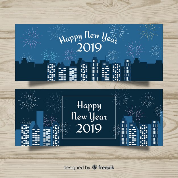 Banners modernos de fiesta de fin de año 2019 con diseño plano