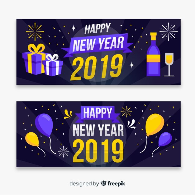 Banners modernos de fiesta de fin de año 2019 con diseño plano