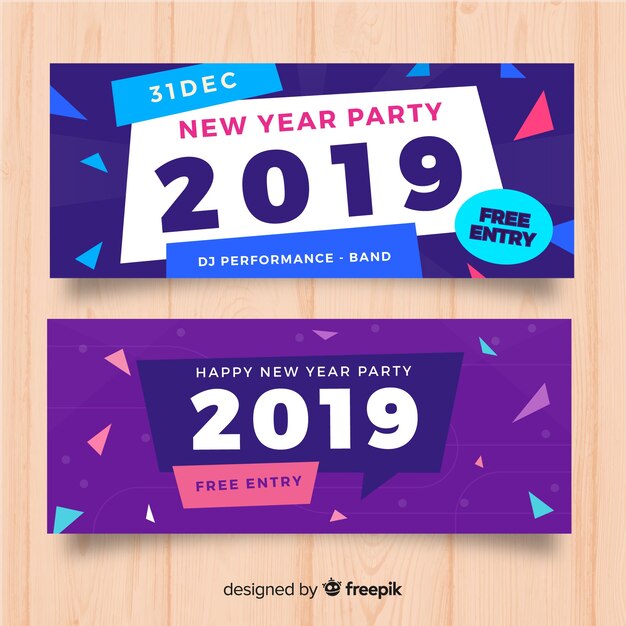 Banners modernos de fiesta de fin de año 2019 con diseño plano