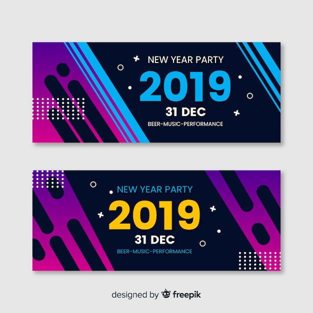 Banners modernos de fiesta de fin de año 2019 con diseño plano
