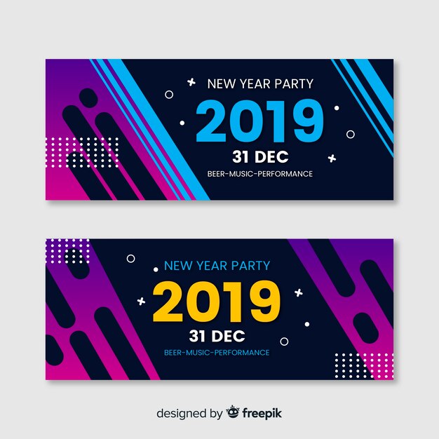 Banners modernos de fiesta de fin de año 2019 con diseño plano