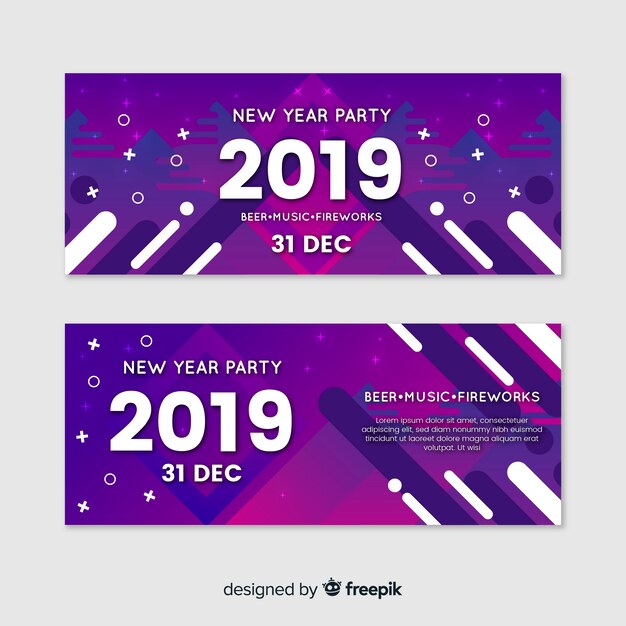 Banners modernos de fiesta de fin de año 2019 con diseño plano