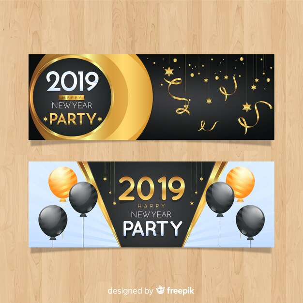 Banners modernos de fiesta de fin de año con diseño plano