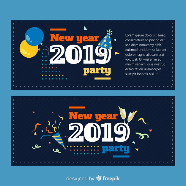 Banners modernos de fiesta de fin de año con diseño plano