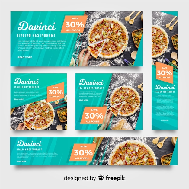 Vector gratuito banners modernos de pizzería con foto