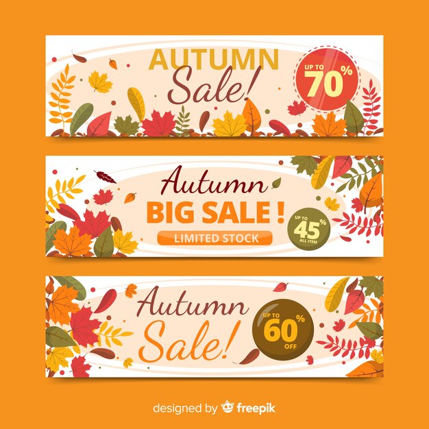 Banners modernos de rebajas de otoño con diseño plano