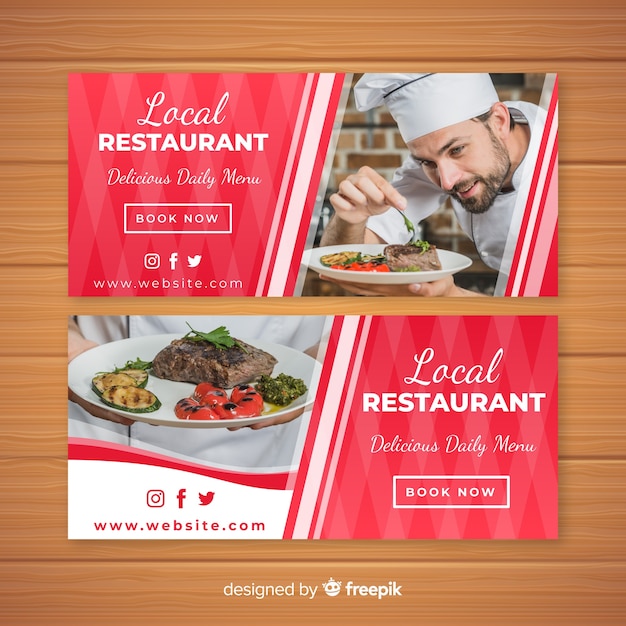 Vector gratuito banners modernos de restaurante con foto