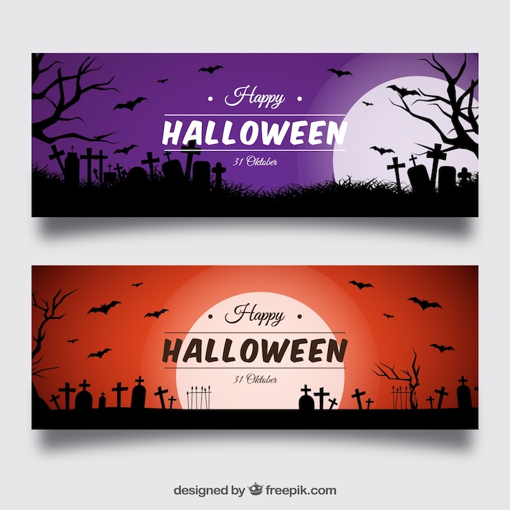 Vector gratuito banners morado y rojo con luna de halloween