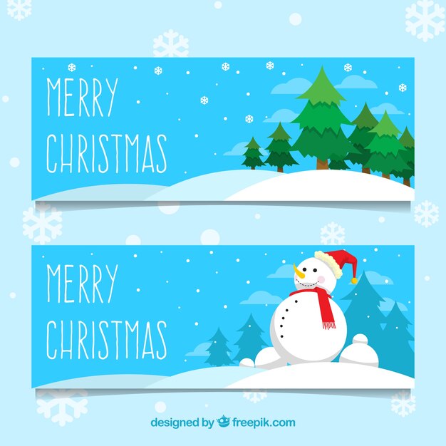 Banners de muñeco de nieve y pinos