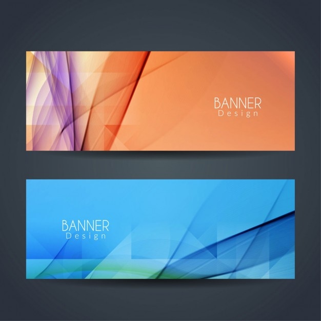 Banners naranja y azul con formas onduladas