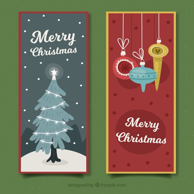 Banners de navidad con árbol y ornamentos