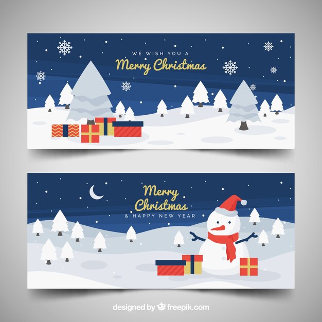 Banners de navidad con muñeco de nieve y regalos 